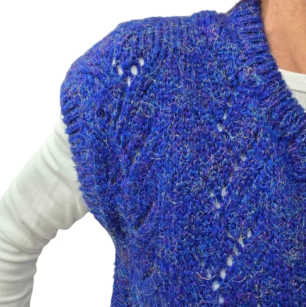 Vintage 70s Metallic Knit Sweater Vest Cardigan Blue M